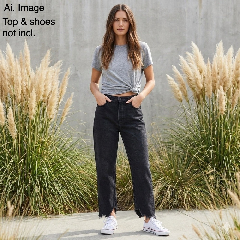 Free People We The Free Tapered Baggy High Rise Boyfriend Jeans 27 Black Raw Hem